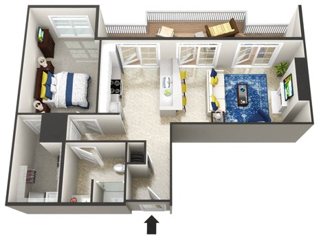 Floor plan for 1 bed, 1 bath, 1009 sqft